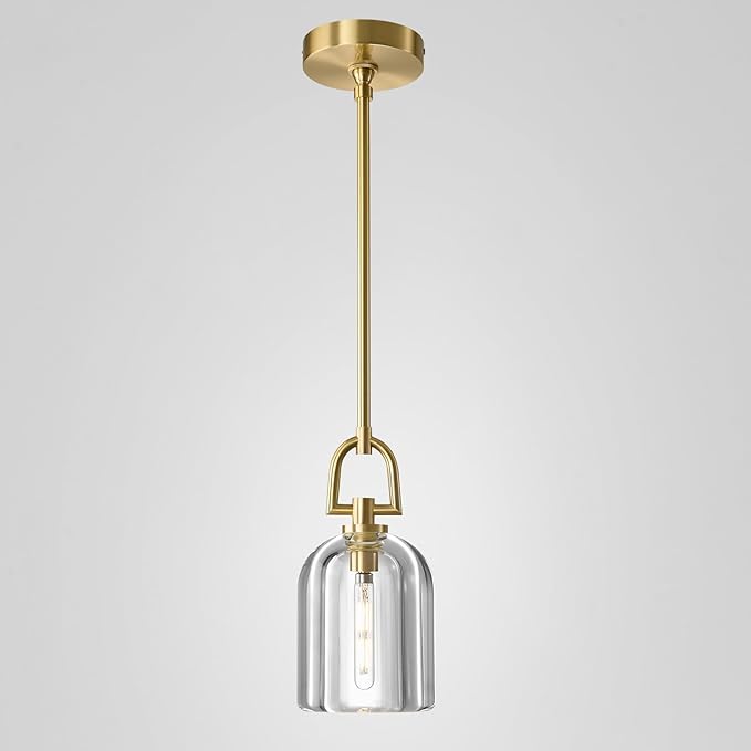 Single K9 Crystal Pendant Light with Brass Rod,5.1" Dimmable Contemporary Cylinder Light Above Dining Table,Modern Ceiling Hanging Lighting for Bedroom E12 Bulbs Included