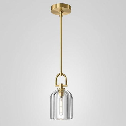 Single K9 Crystal Pendant Light with Brass Rod,5.1" Dimmable Contemporary Cylinder Light Above Dining Table,Modern Ceiling Hanging Lighting for Bedroom E12 Bulbs Included
