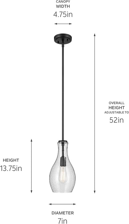 Kichler Everly 1-Light Bell Pendant Light Fixture with Clear Seeded Glass in Black for Kitchen Island, Dining Nook, or Home Bar, Modern Hanging Lamp (13.75" x 7"), 2456BKCS