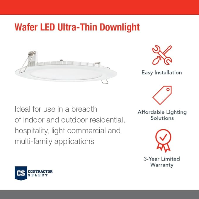 Juno LED Recessed Lights 4 Inch Round Wafer Downlight, 5-in-1 Switchable White Color Temperature, 120 Volts, 4-Inch Ultra-Thin Flat Trim, Matte White (24-Pack)