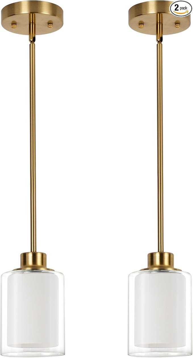 1-Light Mini Pendant Light Fixtures, 2-Pack Modern Hanging Ceiling Lighting, Adjustable Height, Gold Pendant Lamp with Dual Glass for Kitchen Island Bedroom