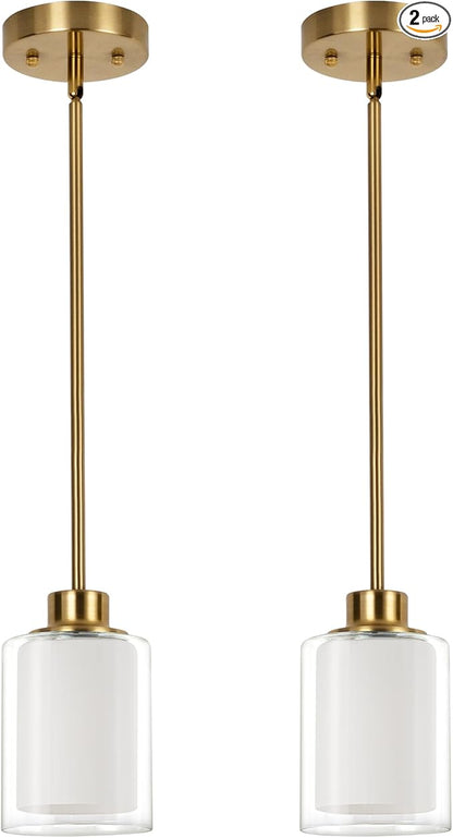 1-Light Mini Pendant Light Fixtures, 2-Pack Modern Hanging Ceiling Lighting, Adjustable Height, Gold Pendant Lamp with Dual Glass for Kitchen Island Bedroom