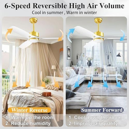 52 Inch Ceiling Fans with Lights and Remote Control - Outdoor Indoor Flush Mount Low Profile White Gold Ceiling Fans for Living Room,Bedroom,Patio