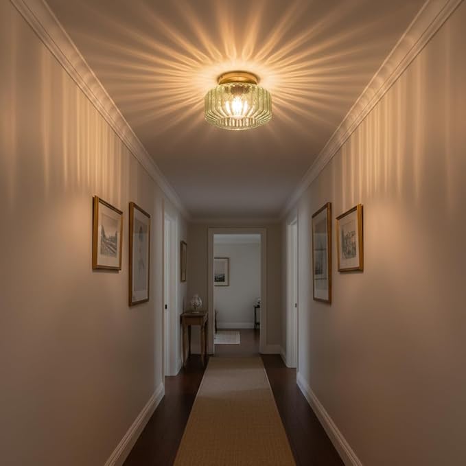 Sage Green Ribbed Glass Semi-Flush Mount Ceiling Light, 8.66" Mid-Century Modern Gold Light Fixture, E26 Base 1-Light Ceiling Lamp for Bedroom Bathroom Kitchen Hallway
