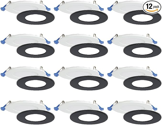 Nadair 12 Pack 3 inch LED Ultra Slim Recessed Lights, 6W, 450 Lumens, 4000K (Cool White), White Finish with Extra Black Trim, Dimmable, IC Rated, ETL Certified