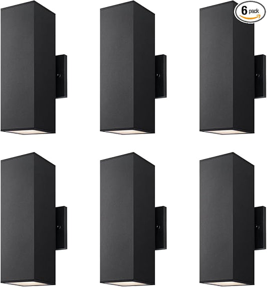 mirrea Modern Outdoor Porch Light Patio Light in 2 Lights with Aluminum Rectangular Tube and Tempered Glass Cover Waterproof Wall Sconce 6 Pack (Matte Black)