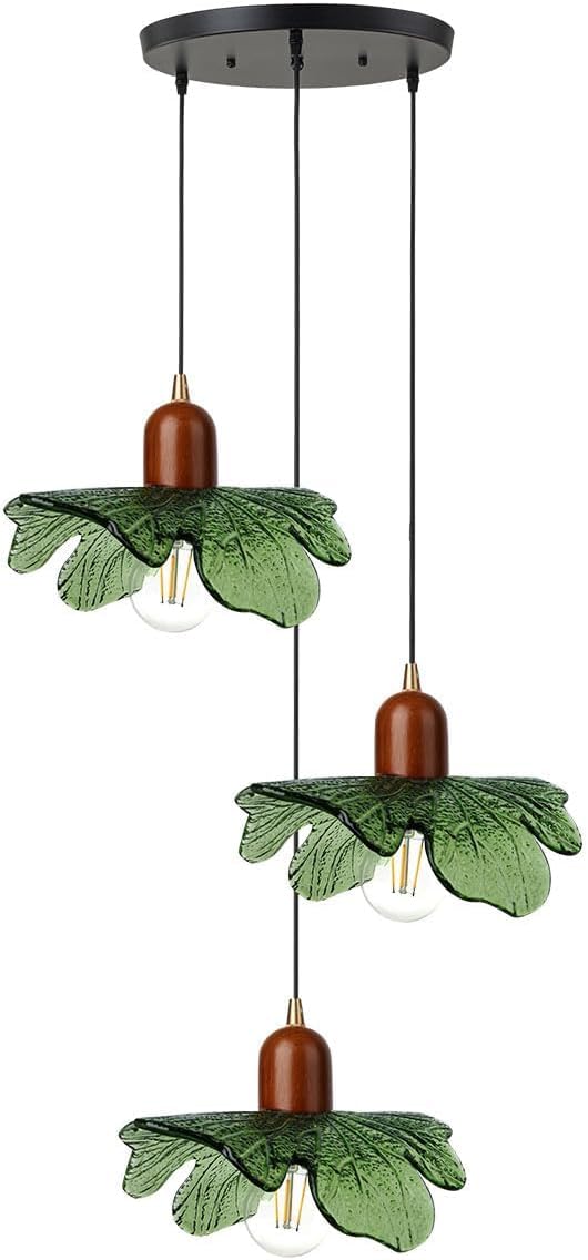 Mid Century Chandeliers 3-Light Green Glass Hanging Pendant Lamp Art Decoration Light Fixtures Walnut Wood Black Vintage Chandelier for Dining Room, Living Room, Bedroom