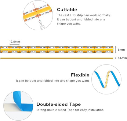 BTF-LIGHTING FCOB COB FOB LED Strip Lights 5V USB Powered 6.56FT 640LEDs Cool White 6000K 8mm Width Dimmable CRI 90+ with 3M Tape Flexible High Density for 3D Printer TV Backlight PC DIY Decor