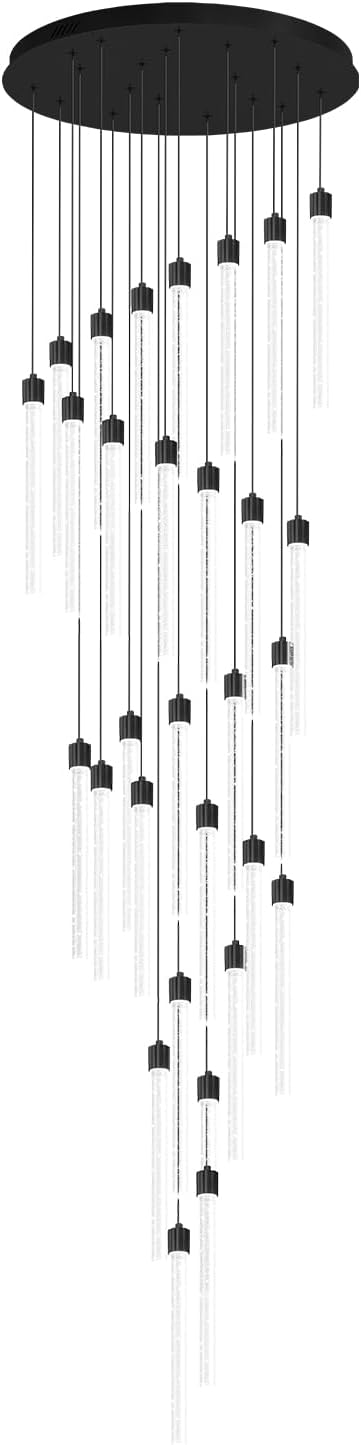 177‘’ Long Crystal Column Chandelier 30-Light Extra Large Black Staircase Chandelier High Ceiling Dimmable Led Ceiling Lighting Foyer Entryway Light Source is Replaceable