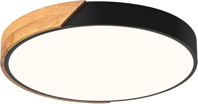 Modern LED Ceiling Light, Minimalist Wood Flush Mount Ceiling Light Fixture, 4000K Not Dimmable, Circle Lighting Lamp with Acrylic Lampshade for Bedroom Dining Room Laundry (Black,15.8")