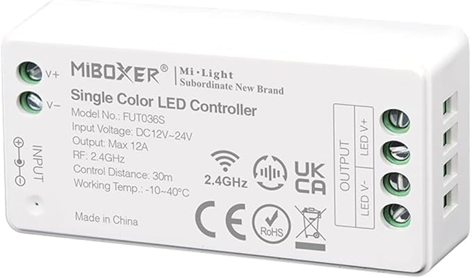 LGIDTECH FUT036S Single Color LED Strip Light Controller,Input DC 12-24V,Output Max 12A