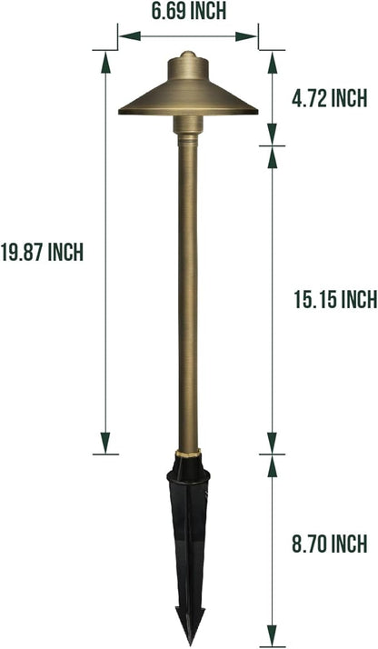 GKOLED Solid Brass Landscape Path Lights (6.7" Shade, 20" Tall), Low Voltage LED 3W 12-24V AC/DC China Hat Path Lighting, 2700K Outdoor Waterproof Walkway Light, with Stake and G4 Bulb, 6 Pack