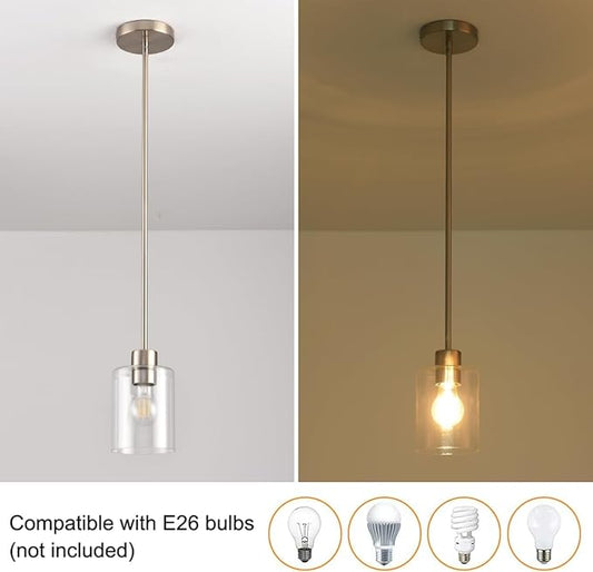 Brushed Nickel Pendant Lights Kitchen Island - Clear Glass Pendant Light Fixture Multiple Stems Rods 3 Units 12 Inch 3 Units 4 Inch (3 Pack Brushed Nickel)