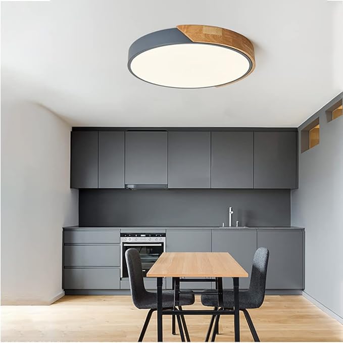 LED Ceiling Light Fixture,12 Inch Modern Wood Recessed Ceiling Lights,Dimmable Light,Grey 24W Close to Ceiling Lighting Flush Mount Living Room Bedroom,3000K-6000K