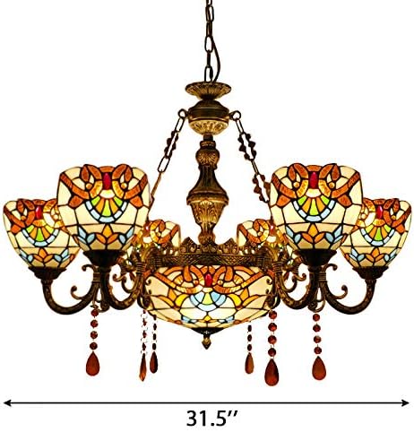 Pendant Lighting LED Chandelier Light Antique Tiffany Style Stained Glass 6+1-Light with Amber Droplet Decorations Hanging Light for Dining Living Cafe Room Restaurant - TYP C2-