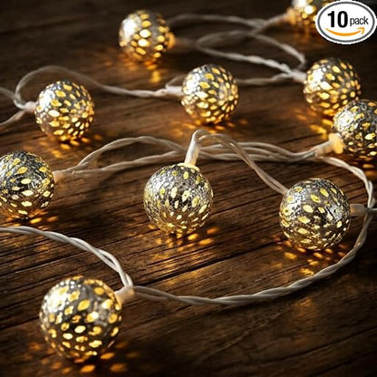 8.5Ft Moroccan String Lights Plug in, 10 LED Silver Metal Globe Fairy Lights, Warm White Hollow Lantern Decorative Lights for Ramadan Eid Mubarak Diwali Bohemian Home Bedroom Patio Party Wedding Decor