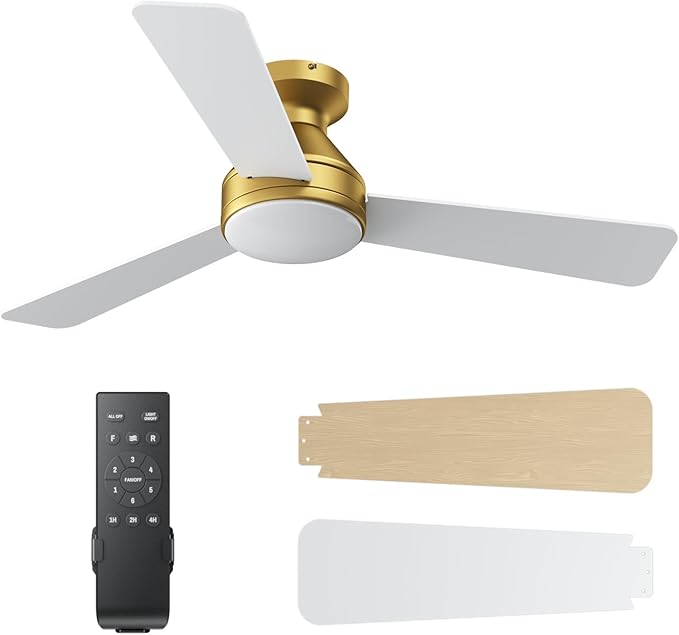 Ceiling Fans with Lights, 42 Inch Ceiling Fan with Light And Remote, 3CCT Flush Moun Low Profile Ceiling Fans, 6 Speed Noiseless LED Ceiling Fan, Advanced Gold Ceilings Fan for Bedroom Living Room