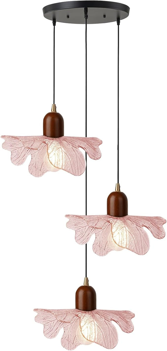 3-Light Pink Flower Glass Pendant Light, Mid-Century Modern Chandelier, Adjustable Hanging Ceiling Light Fixture for Dining Room, Kitchen Island, Bedroom, Living Room, Restaurant, Cafe