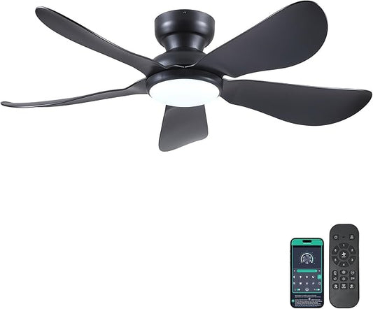 Kviflon 46 Inch Modern Ceiling Fans with Lights, Flush Mount Ceiling Fan with Light and Remote/APP Control, 5 Reversible 6 Speeds Curved Blades, 3 CCT Dimmable Lights for Bedroom, Black
