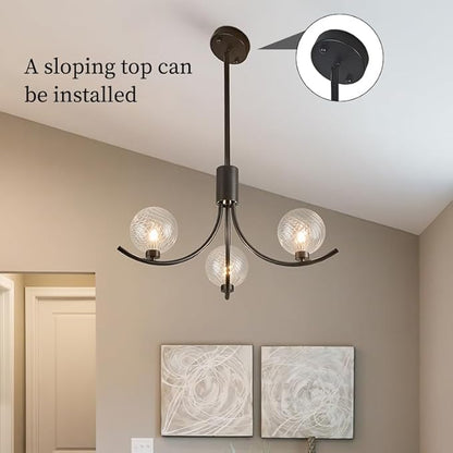3-Head Black Modern Chandelier with 3 Clear Glass Globe Bulbs, Chandelier, Elegant Lamps with Black Accents, Ceiling Light for Living Room Kitchen Island Bedroom Entryway