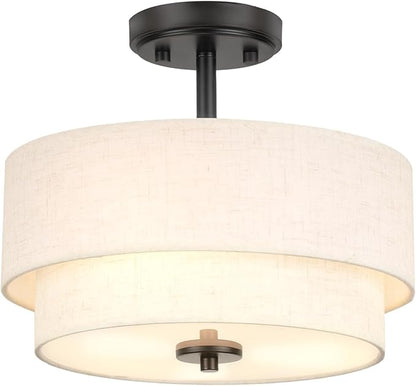 Edwarmlux 3-Light Semi Flush Mount Ceiling Light Fixture, 12.6" Black Drum Light with White Fabric Shade,Modern Close to Ceiling Light for Living Room Bedroom Dining Room Kitchen Hallway Entry Foyer
