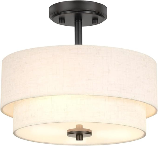 Edwarmlux 3-Light Semi Flush Mount Ceiling Light Fixture, 12.6" Black Drum Light with White Fabric Shade,Modern Close to Ceiling Light for Living Room Bedroom Dining Room Kitchen Hallway Entry Foyer