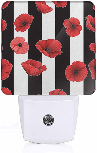Black and White Stripes Night Light Red Poppy Petals Plug into Wall with Dusk to Dawn Light Sensors 0.5W Warm Nightlights for Bedroom Bathroom Hallway