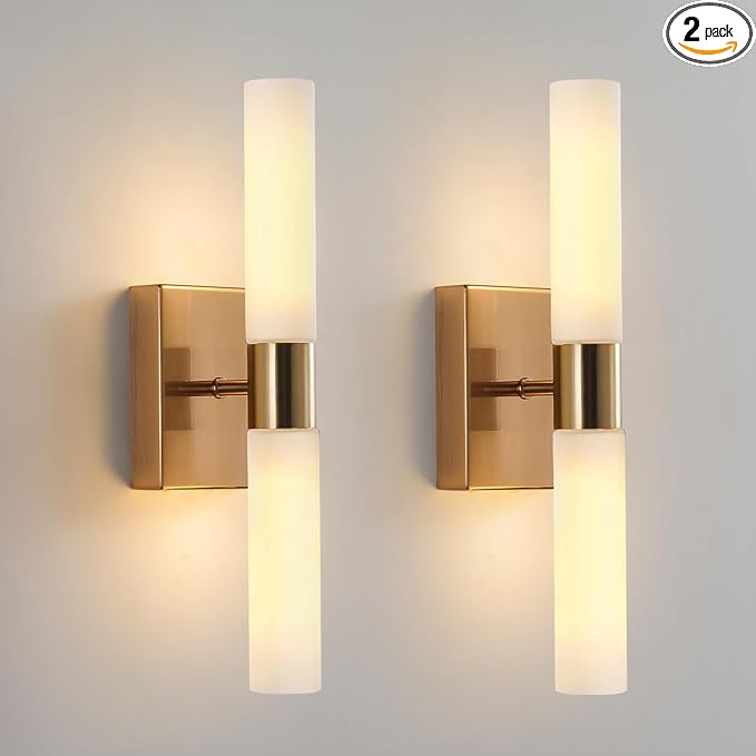 KUZZULL Modern Wall Sconces, Set of 2 Brushed Brass Gold, Frosted Glass Shade, Indoor Wall Mounted Lights, Bathroom Sconces, 36 cm, for Bedroom Wall Lamp