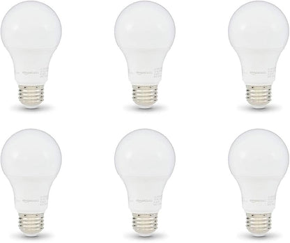 Amazon Basics A19 LED Light Bulbs, 60W Equivalent, 9W Energy Efficient, E26 Standard Base, Daylight White 5000K, Dimmable, 10,000 Hour Lifetime, 6-Pack
