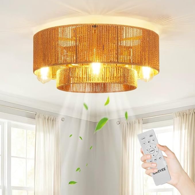 GarveeHome 【Flicker-Free • Hand-Woven Rattan】 20'' Boho Rattan Ceiling Fan with Light and Remote - Flush Mount Caged Ceiling Fan with 6 Speeds for Bedroom, Living Room