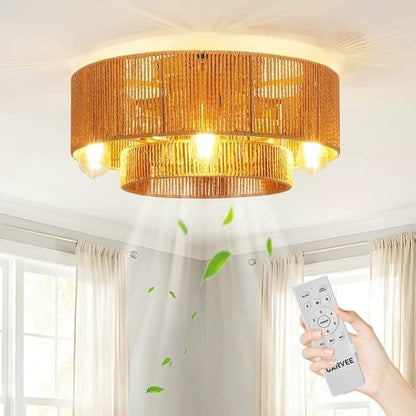 GarveeHome 【Flicker-Free • Hand-Woven Rattan】 20'' Boho Rattan Ceiling Fan with Light and Remote - Flush Mount Caged Ceiling Fan with 6 Speeds for Bedroom, Living Room