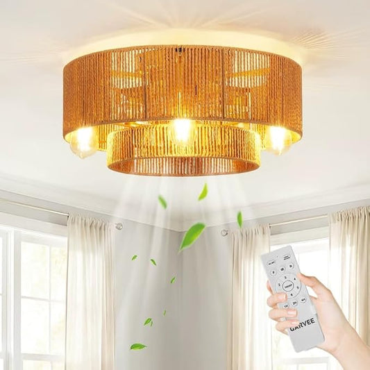 GarveeHome 【Flicker-Free • Hand-Woven Rattan】 20'' Boho Rattan Ceiling Fan with Light and Remote - Flush Mount Caged Ceiling Fan with 6 Speeds for Bedroom, Living Room