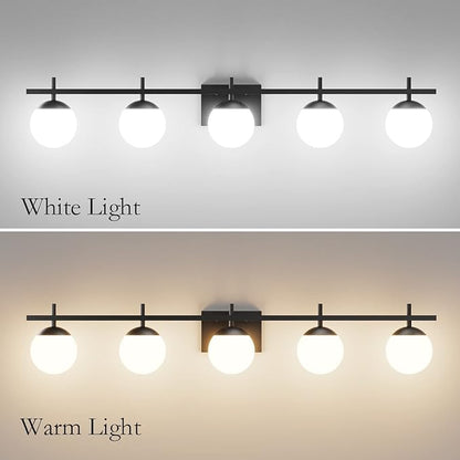 Ralbay Mid Century Modern Vanity Lights Black Milky Glass Mid Century Bathroom Vanity Lights Over Mirror, Wall Light for Bathroom Black 5 Light