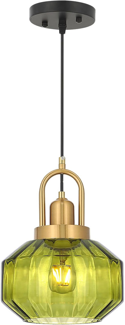 9in Mid Century Modern Green Glass Pendant Light Fixture, Small Gold Kitchen Island Pendants Light Glass Ceiling Hanging Lamp for Foyer Dining Room Bedroom Entryway Hallway Over Sink