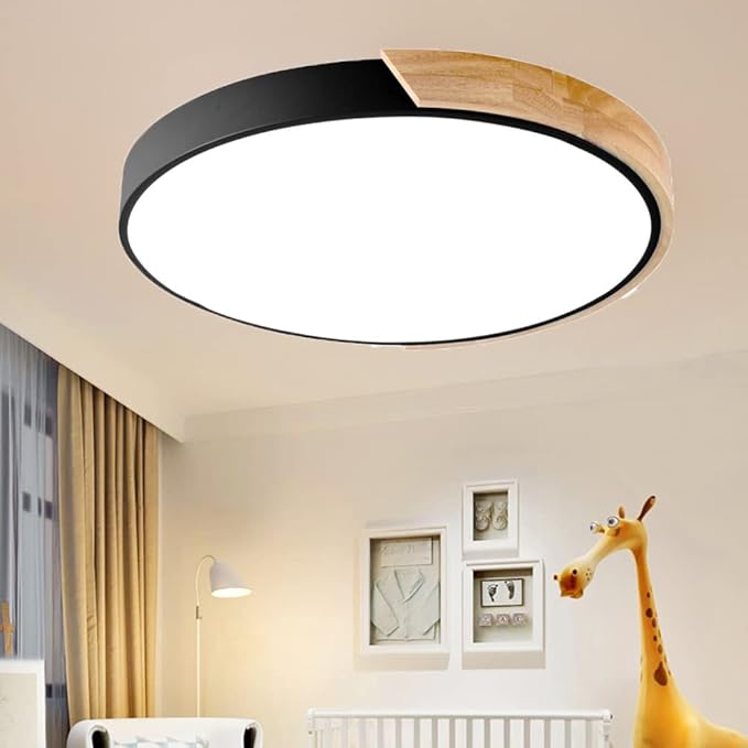 LED Ceiling Light Fixture,12 Inch Modern Wood Recessed Ceiling Lights, Dimmable Light,Black 24W Close to Ceiling Lighting Flush Mount Living Room Bedroom,3000K-6000K