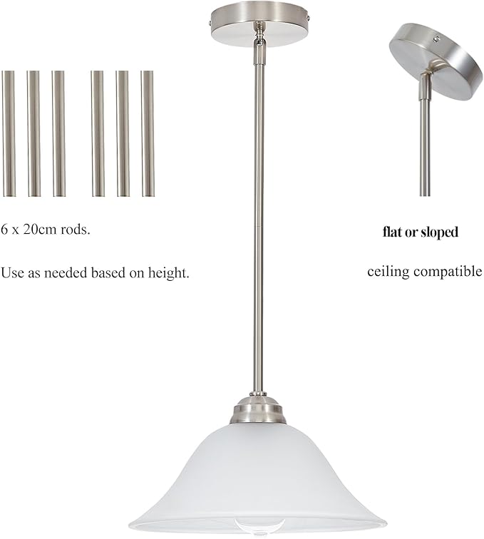 Modern Alabaster Glass Pendant Light Adjustable Rod Pendant Lighting Fixture for Kitchen Sink Bar Dining Room, 12“D (Brushed Nickel)