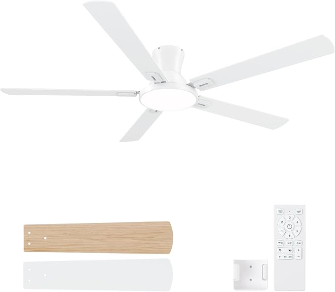60 Inch White Ceiling Fans with Lights and Remote, Flush Mount Low Profile 5 Blades Ceiling Fan with 10 Inch Lighting Fixture, Quiet Reversible DC Motor for Living Room, Bedroom and Patio