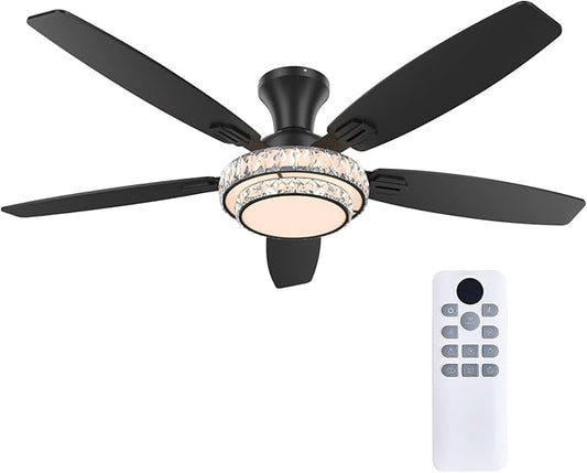 Ceiling Fans with Lights - Crystal Ceiling Fan, 52" Low Profile and Remote Control, Flush Mount, Reversible, 3CCT, Dimmable, Noiseless, Black Ceiling Fan for Bedroom