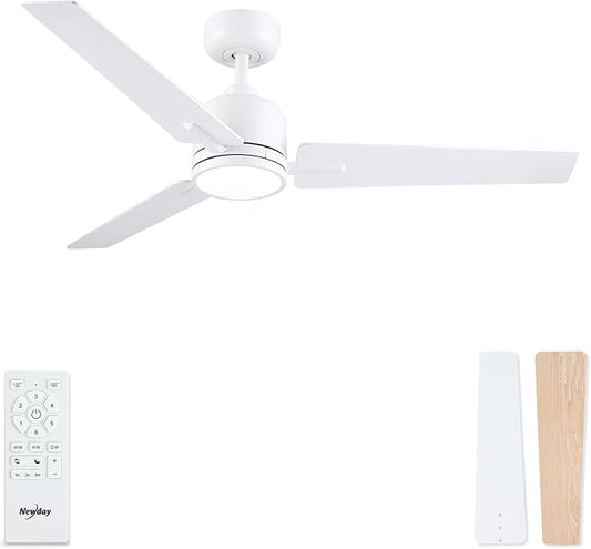 Newday 52 Inch White Ceiling Fan with Lights and Remote, Modern DC Motor Ceiling Fan with 3 Reversible White/Natural Wood Blades, 3CCT Dimmable LED, 6 Speeds, Quiet Fan for Nursery, Bedroom, Patio