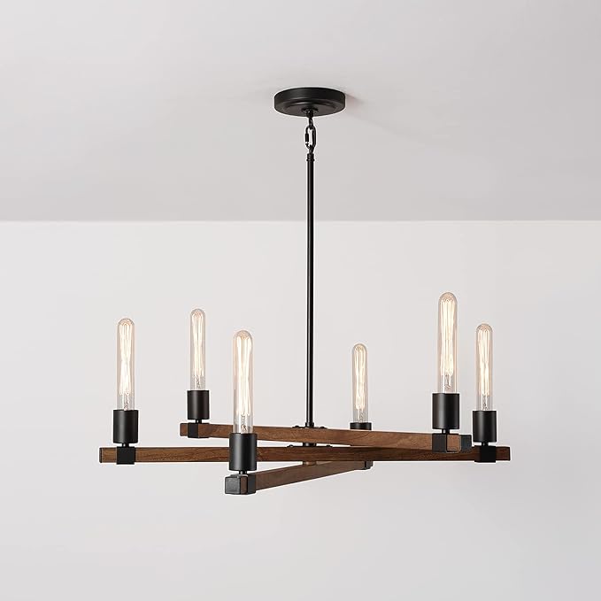 GLOBE Electric 60546 Walken 6-Light Chandelier, Matte Black, Faux Wood Accents, Bulb Not Included