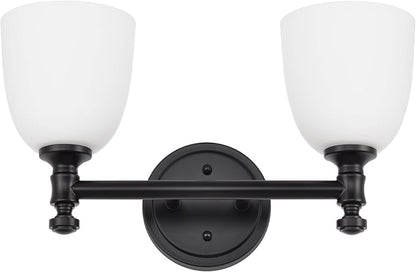 Black Bathroom Vanity Light, 2-Light Bathroom Light Fixtures Over Mirror, Traditional Vanity Lights for Living Room, Milk White Bell Glass Shades, Standard E26 Base, Matte Black