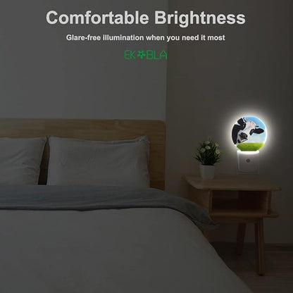 EKOBLA Dairy Cow Plug-in Night Light, Black & White Farm Cow LED Nightlight with Auto On/Off for Bedroom, Bathroom & Living Room