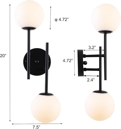 BYOLIIMA Black Globe Wall Sconces, 2-Light Modern Matte Black Vanity Lights with White Globe Glass Shade, Industrial Farmhouse Wall Lamp for Bedroom, Living Room, Kitchen, Bathroom