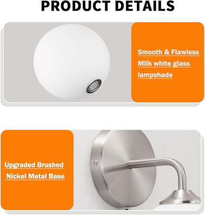 Modern Brushed Nickel Plug in Wall Sconce Set of 2, Wall Light Fixture with Milky White Globe Glass Lampshade, Wall Lamp with Plug in Cord, Art Deco Wall Light for Bedroom Living Room Hallway
