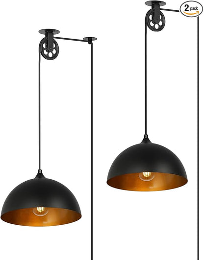 Modern Plug in Pulley Black and Brass Domed Pendant Light with 19.4ft Cord On/Off Switch, Retro Metal Barn Hanging Ceiling Lampshade for Farmhouse Kitchen Island Bedroom Hallway (2 Pack)