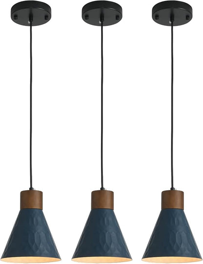 Farmhouse Pendant Lights for Kitchen Island, Modern Blue and Wood Dome Pendant Light Fixtures, Industrial Hanging Pendant Lighting for Dining Room Foyer Cafe Kitchen Sink, 3 Pack