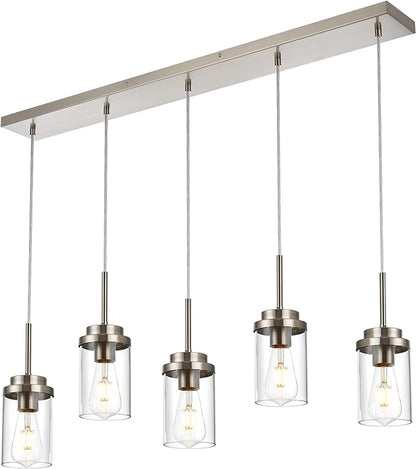 MELUCEE 5 Lights Kitchen Island Lighting Modern Linear Chandeliers for Dining Room, Industrial Brushed Nickel Pendant Light Fixtures Ceiling Hanging with Clear Glass Shade, 37.0 Inches Length