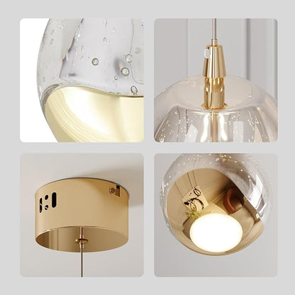 Modern Gold Single Pendant Light with Bubble Glass, Small Globe Pendant Light 70.86" Drop, Kitchen Pendant Lighting Over Island, Bar, Entryway, Warm White 3000K, 519 lm, Ø 4.73"