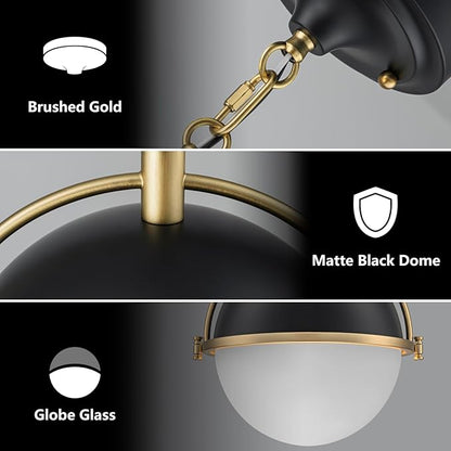9.5 Inch Black and Gold Globe Pendant Lights Kitchen Island, Mid Century Modern Pendant Light Fixtures with Milk Glass Lampshade, Adjustable Pendant Lights for Dining Room Cafes Restaurants
