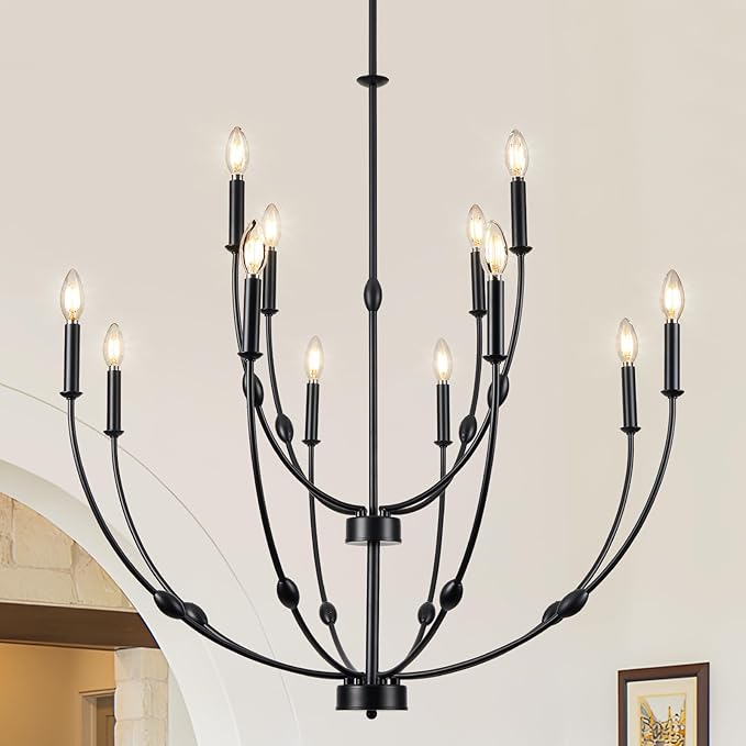 Large 35 Inch 2-Tier Modern Black Chandelier, 12-Light Farmhouse Candle Pendant Light for High Ceiling Foyer Entryway Living Room
